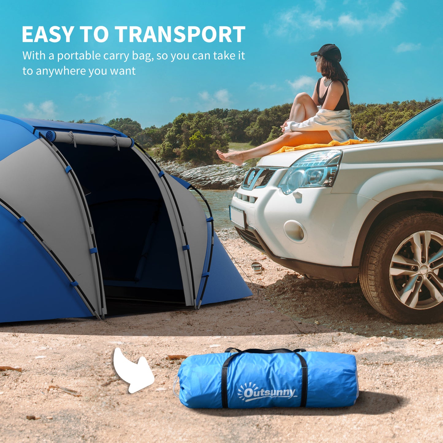 Outsunny 4-6 Man Camping Tent w/ Two Bedroom, Hiking Sun Shelter, UV Protection Tunnel Tent
