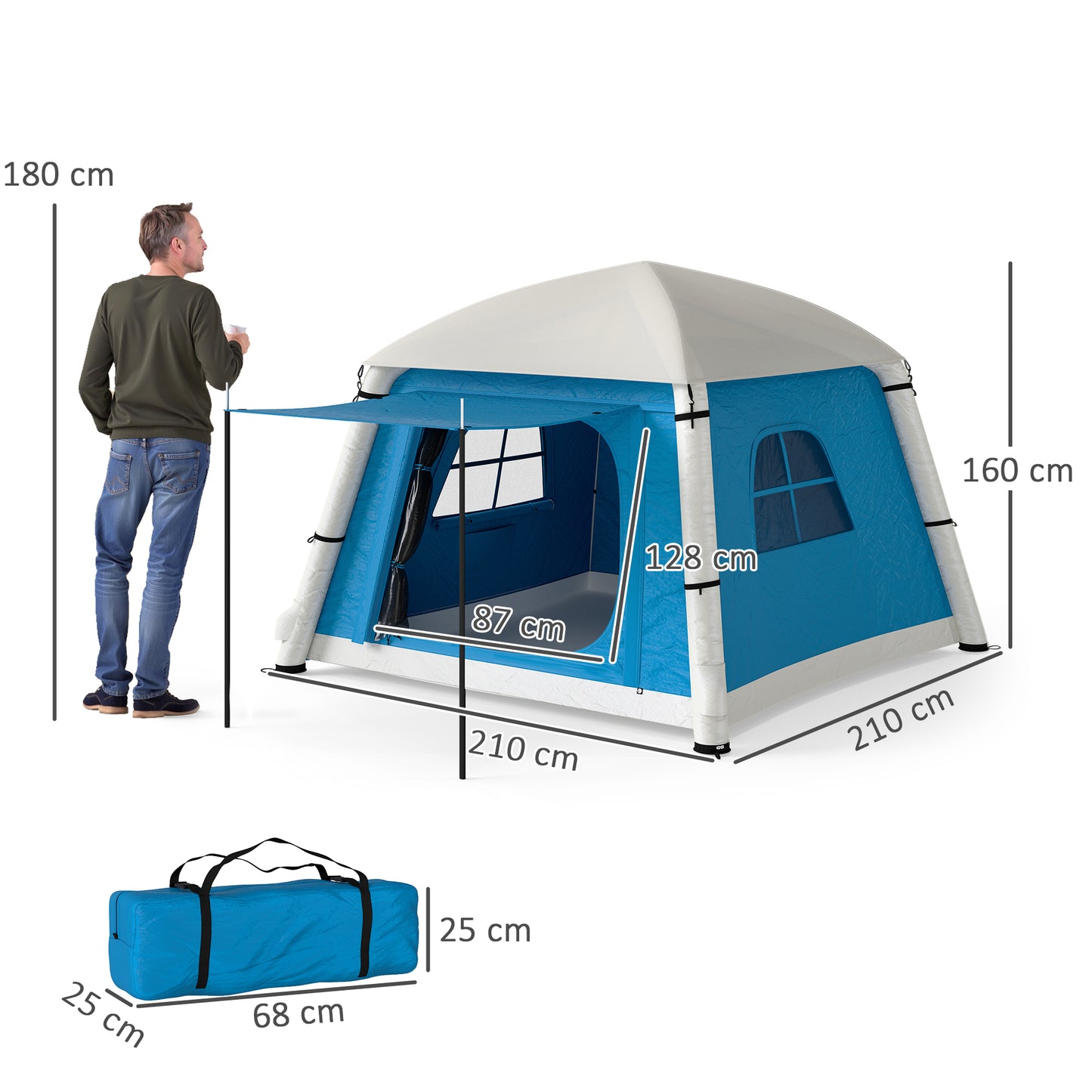 Outsunny Inflatable Camping Tent w/ Hand Pump, Easy Setup 1/2 Person Blow Up Tent Waterproof 190T Taffeta w/ Mesh Windows, Doors and Carry Bag