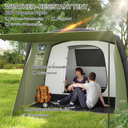 Outsunny Inflatable 3-4 Man Tunnel Tent w/ Air Pump, Living Area & Vestibule, Waterproof Family Camping Air Tent w/ Sewn In Groundsheet & Removable Footprint for Camping, Hiking