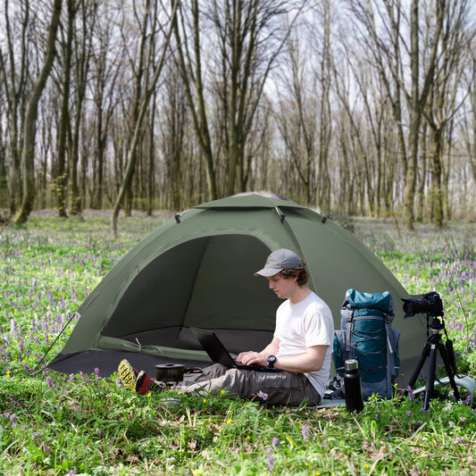 Outsunny 2 Person Camping Tent, Camouflage Tent with Zipped Doors, Storage Pocket, Portable Handy Bag