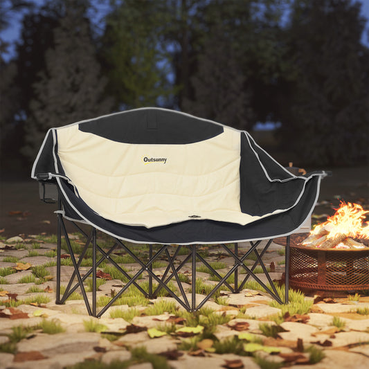 Outsunny Double Camping Chair for Adults, Oversized Heavy Duty Padded Folding Chair with Armrests, Cup Holders and Carry Bag for Outdoor Camping Hiking Picnic Fishing, 250kg Capacity