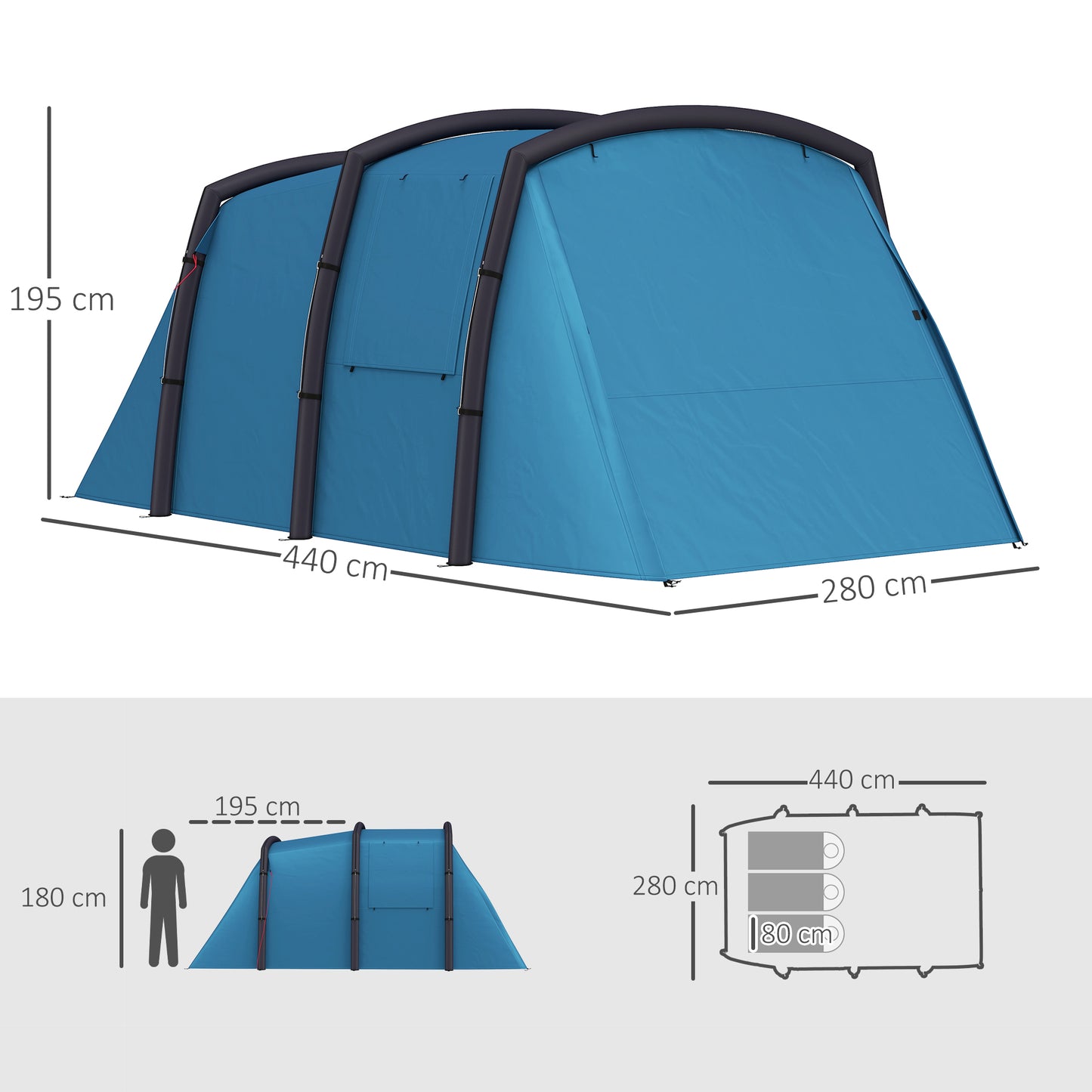 Outsunny Inflatable 3-4 Man Tunnel Tent w/ Air Pump, Living Area & Vestibule, Waterproof Family Camping Air Tent w/ Sewn In Groundsheet & Removable Footprint for Camping, Hiking