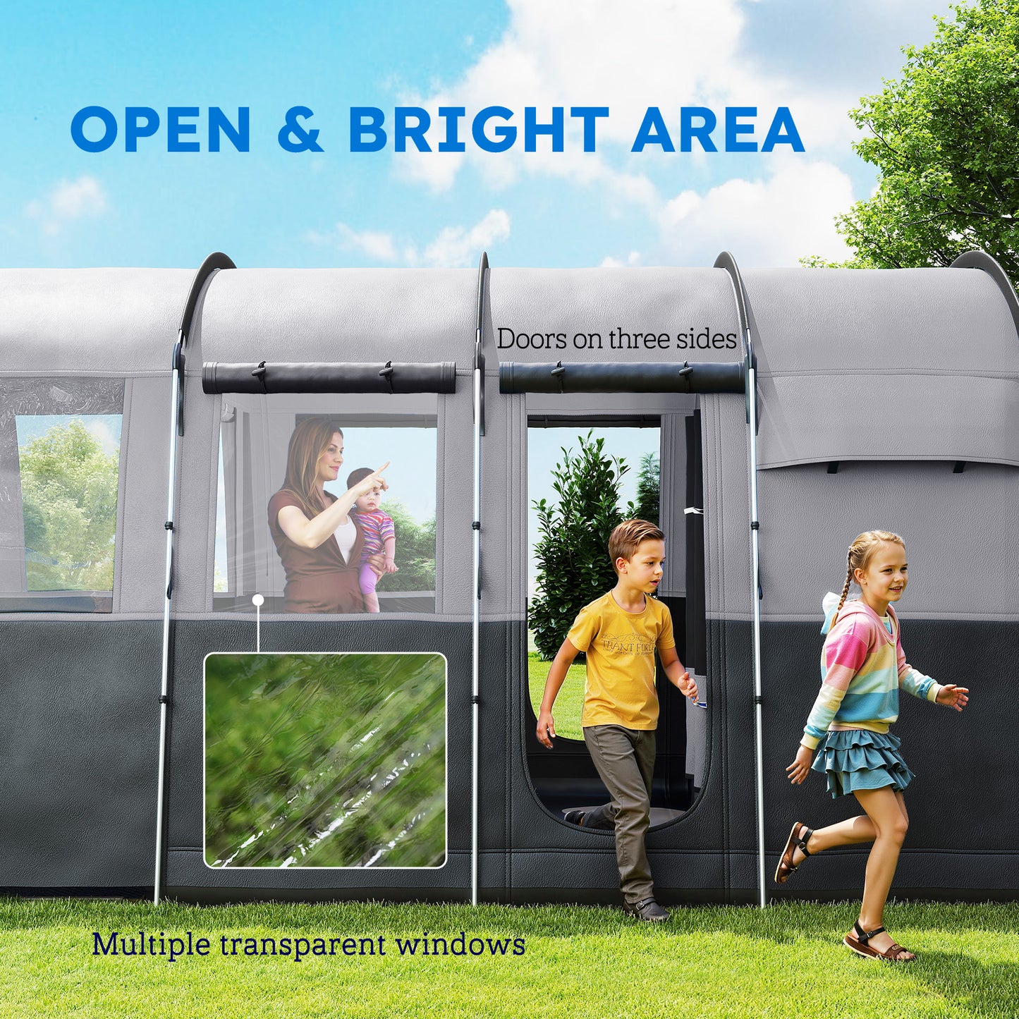 Outsunny 8-Person Camping Tent, Waterproof Family Tent, Tunnel Design, 4 Large Windows, Sleeping Cabins 3000mm Water Column