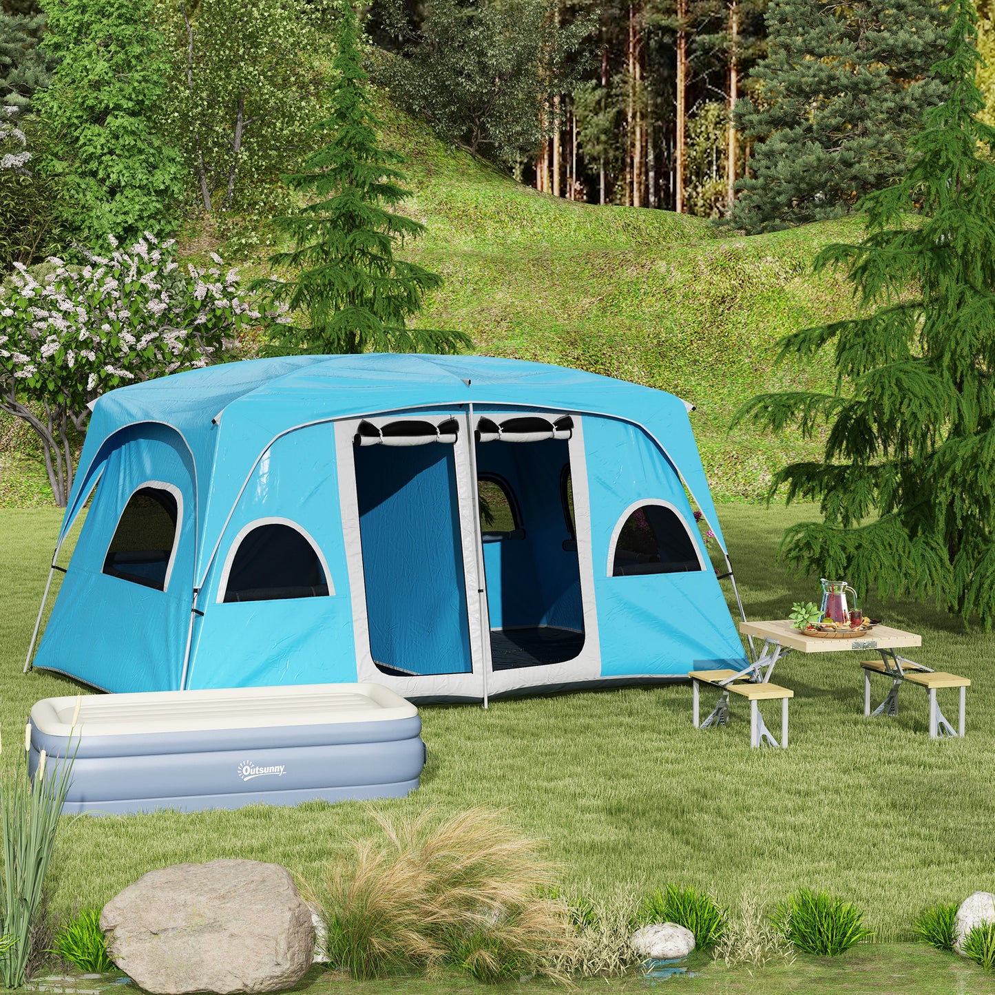 Outsunny 4-8 Person Camping Tent Family Tent with 2 Room, Mesh Windows, Easy Set Up for Backpacking, Hiking, Outdoor