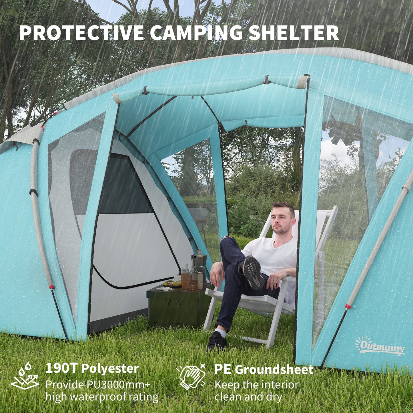 Outsunny 4-6 Man Family Camping Tent w/ 2 Bedrooms and a Living Room, Waterproof Tunnel Tent w/ Sewn In Groundsheet, Doors, Windows, Carry Bag