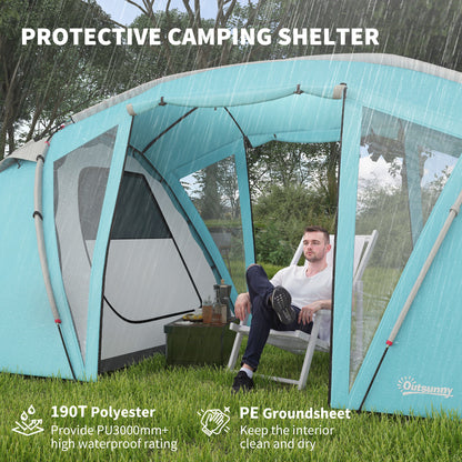 Outsunny 4-6 Man Family Camping Tent w/ 2 Bedrooms and a Living Room, Waterproof Tunnel Tent w/ Sewn In Groundsheet, Doors, Windows, Carry Bag