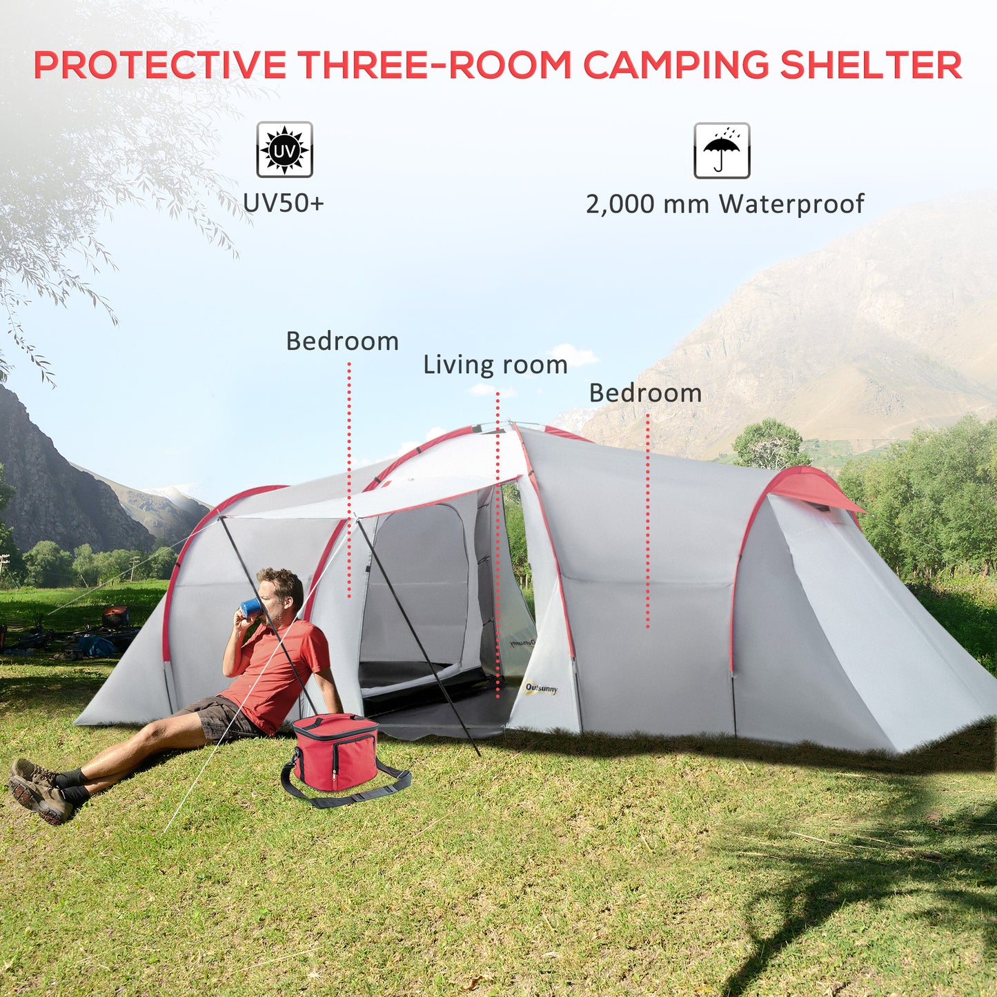Outsunny Four-Man Tunnel Tent, with Two Bedrooms and Living Room