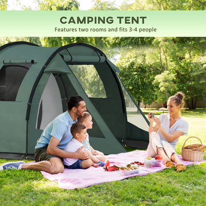 Outsunny Two Room Tunnel Tent Camping Tent for  3-4 Man with Windows, Covers, Carry Bag, for Fishing, Hiking, Sports
