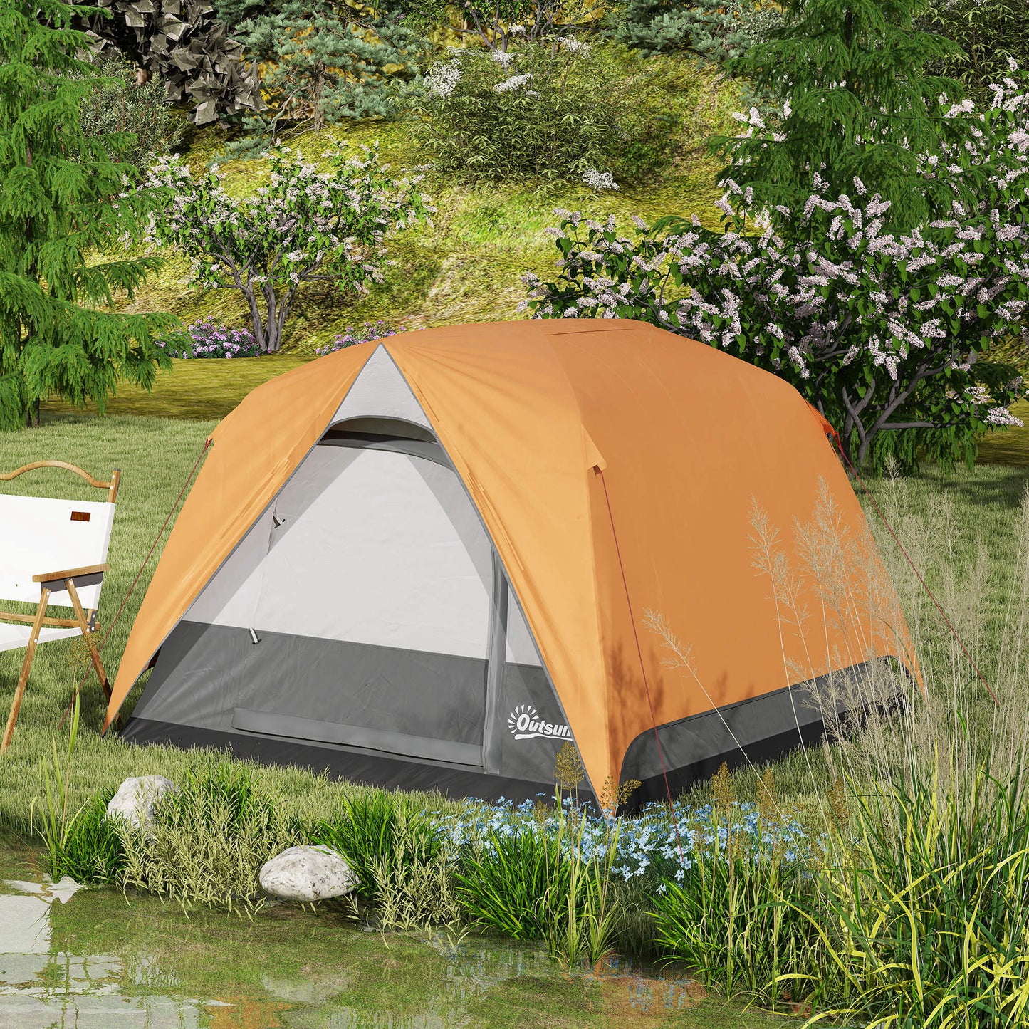 Outsunny 3-4 Person Camping Tent, Easy Set Up Waterproof Dome Tent with Sewn-in Groundsheet, Mesh Windows, Pocket and Hook for Camping, Hiking, Backpacking