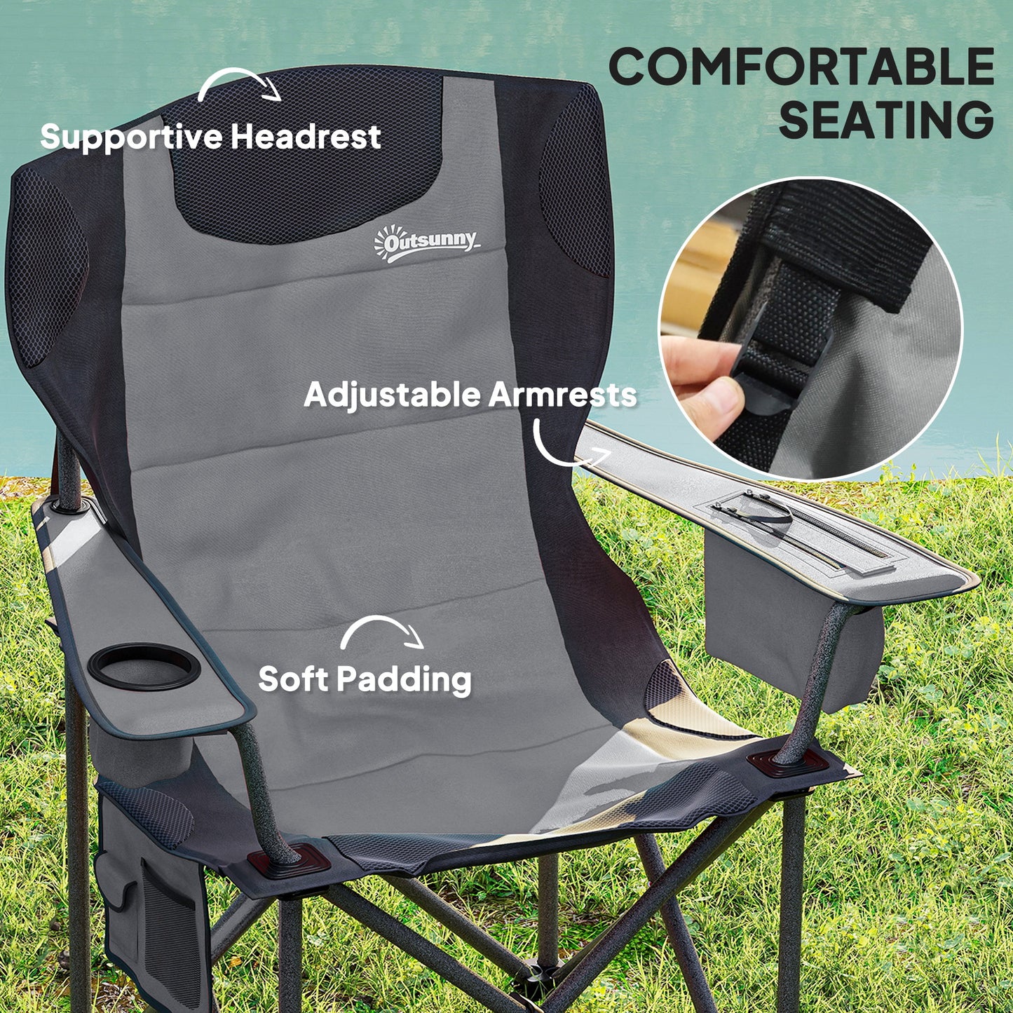Outsunny Set of 2 Folding Camping Chairs, Padded Camping Chairs with Adjustable Armrests, Portable & Lightweight Folding Camp Chair with Cooler Bag, Cup Holder and Side Pockets