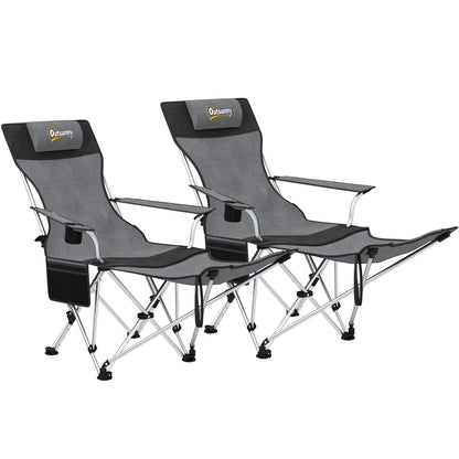Outsunny Set of 2 Reclining Folding Camping Chair w/ Detachable Footrest, Storage Bag, Cup Holder & Headrest, Lightweight Portable Camp Chair for Beach, Picnic