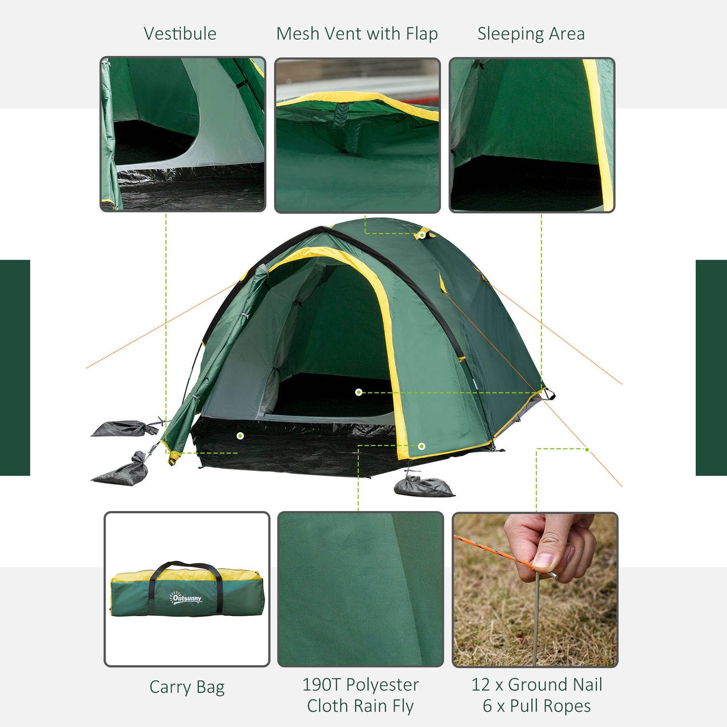 Outsunny Dome Tent for 2 Person Camping Tent with Large Windows, Waterproof