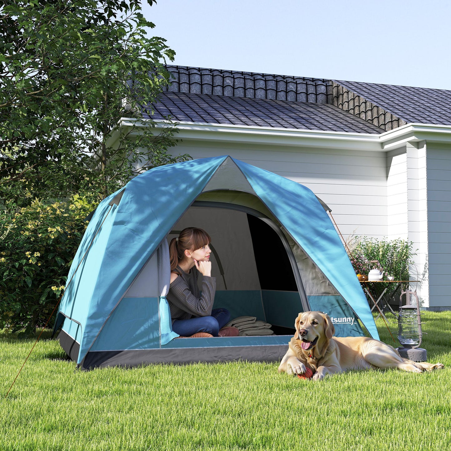 Outsunny 3-4 Person Camping Tent, Easy Set Up Waterproof Dome Tent with Sewn-in Groundsheet, Mesh Windows, Pocket and Hook for Camping, Hiking, Backpacking