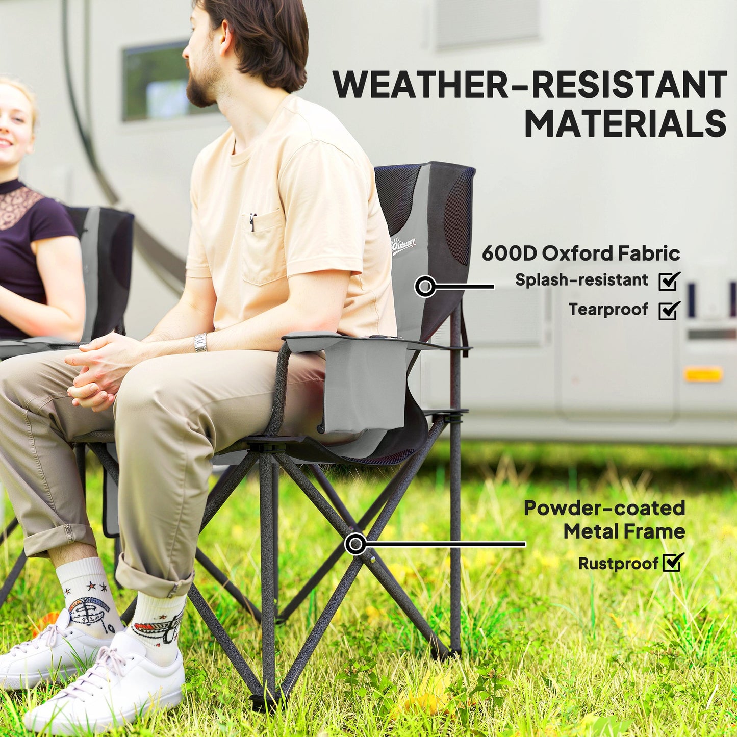 Outsunny Set of 2 Folding Camping Chairs, Padded Camping Chairs with Adjustable Armrests, Portable & Lightweight Folding Camp Chair with Cooler Bag, Cup Holder and Side Pockets