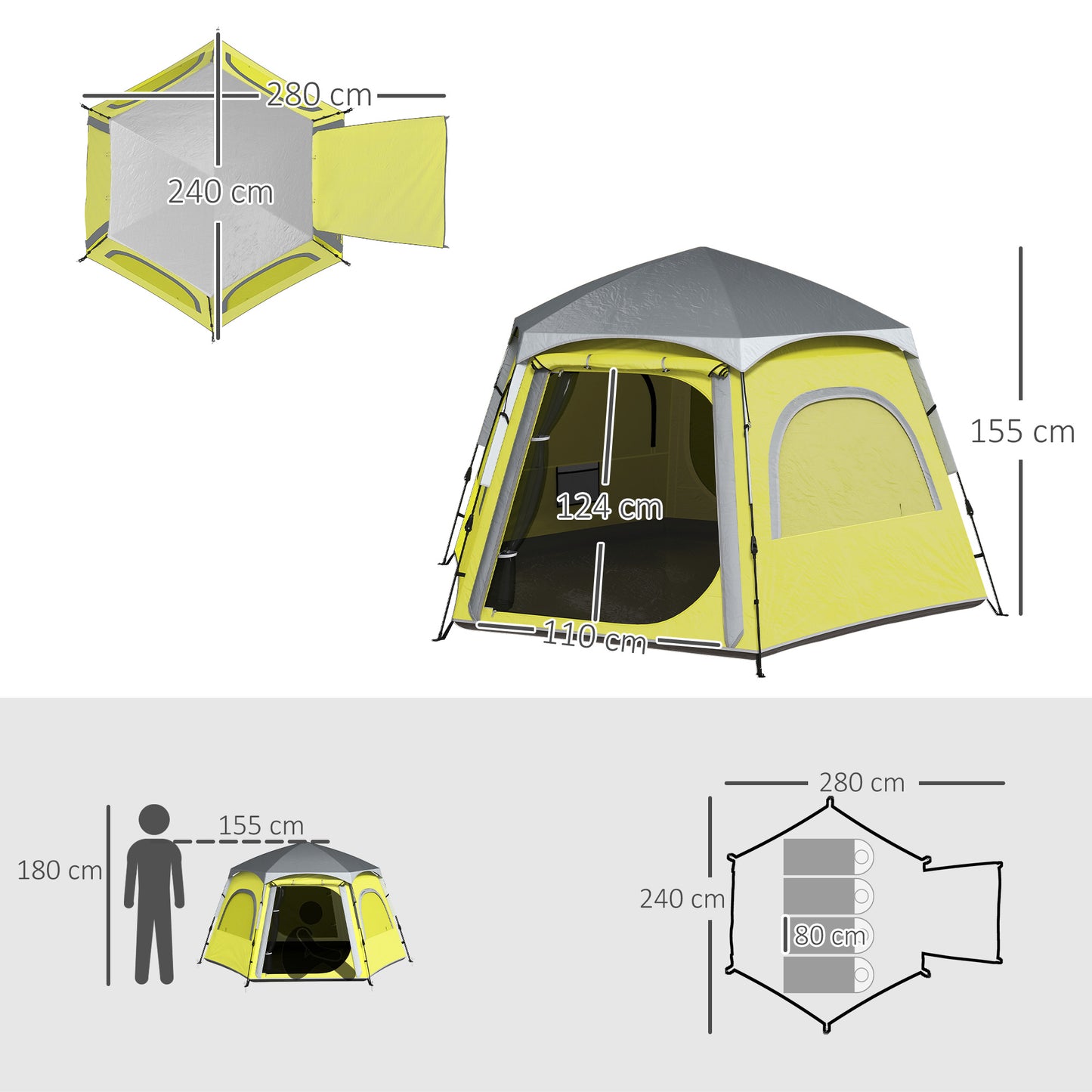 Outsunny Instant Camping Tent, 2/3/4 Person Easy Setup Dome Family Tent with Vestibule, Rainfly, 4 Mesh Windows & 2 Doors, Hexagonal Design, Waterproof & UV Protected