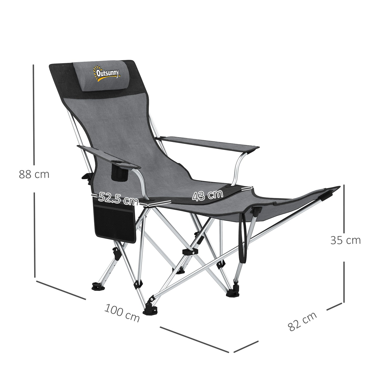 Outsunny Set of 2 Reclining Folding Camping Chair w/ Detachable Footrest, Storage Bag, Cup Holder & Headrest, Lightweight Portable Camp Chair for Beach, Picnic