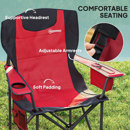 Outsunny Set of 2 Folding Camping Chairs, Padded Camping Chairs with Adjustable Armrests, Portable & Lightweight Folding Camp Chair with Cooler Bag, Cup Holder and Side Pockets