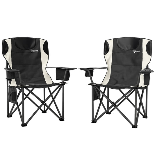 Outsunny Set of 2 Folding Camping Chairs, Padded Camping Chairs with Adjustable Armrests, Portable & Lightweight Folding Camp Chair with Cooler Bag, Cup Holder and Side Pockets