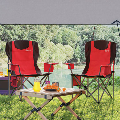 Outsunny Set of 2 Folding Camping Chairs, Padded Camping Chairs with Adjustable Armrests, Portable & Lightweight Folding Camp Chair with Cooler Bag, Cup Holder and Side Pockets