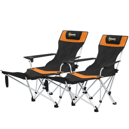 Outsunny Set of 2 Reclining Folding Camping Chair w/ Detachable Footrest, Storage Bag, Cup Holder & Headrest, Lightweight Portable Camp Chair for Beach, Picnic
