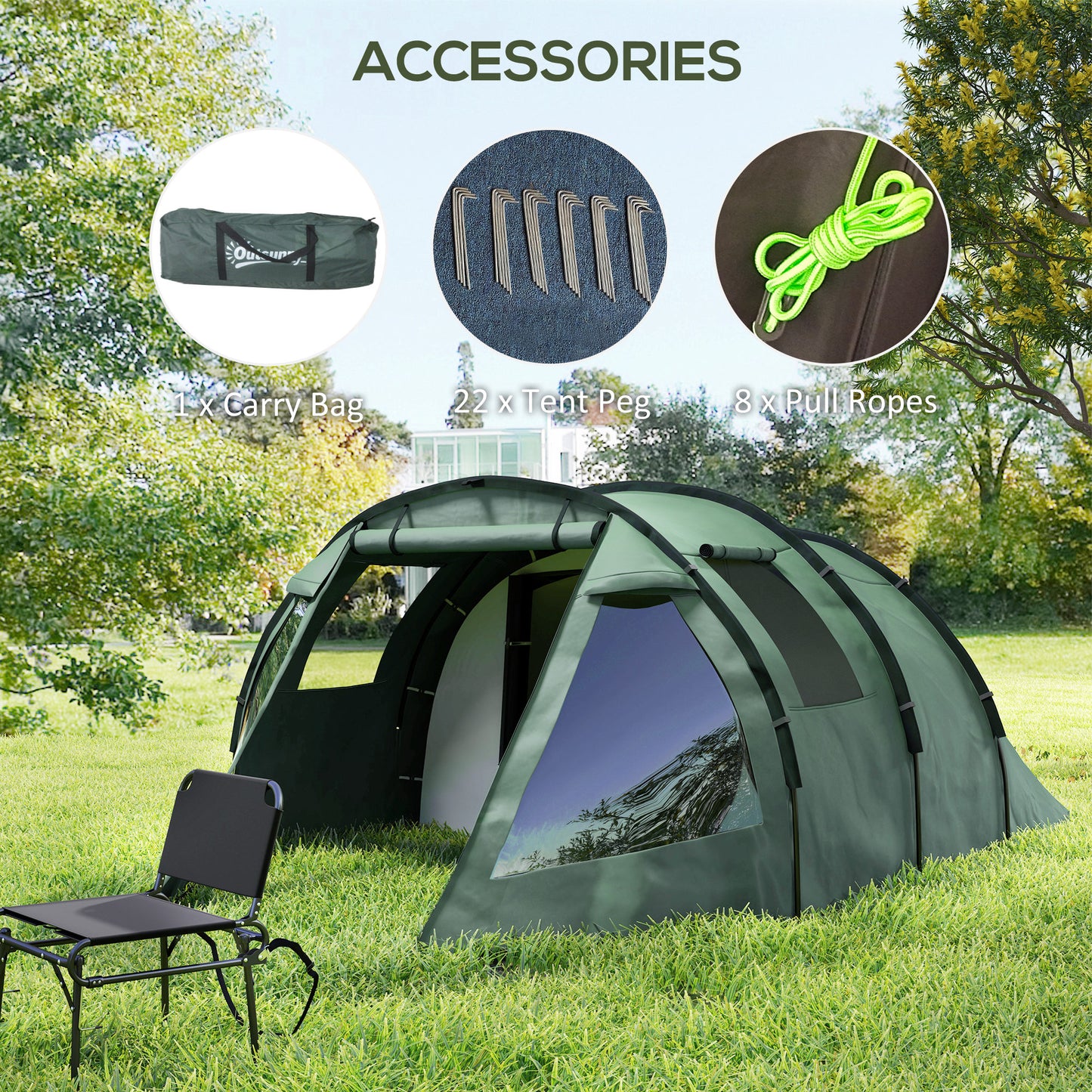 Outsunny Two Room Tunnel Tent Camping Tent for  3-4 Man with Windows, Covers, Carry Bag, for Fishing, Hiking, Sports
