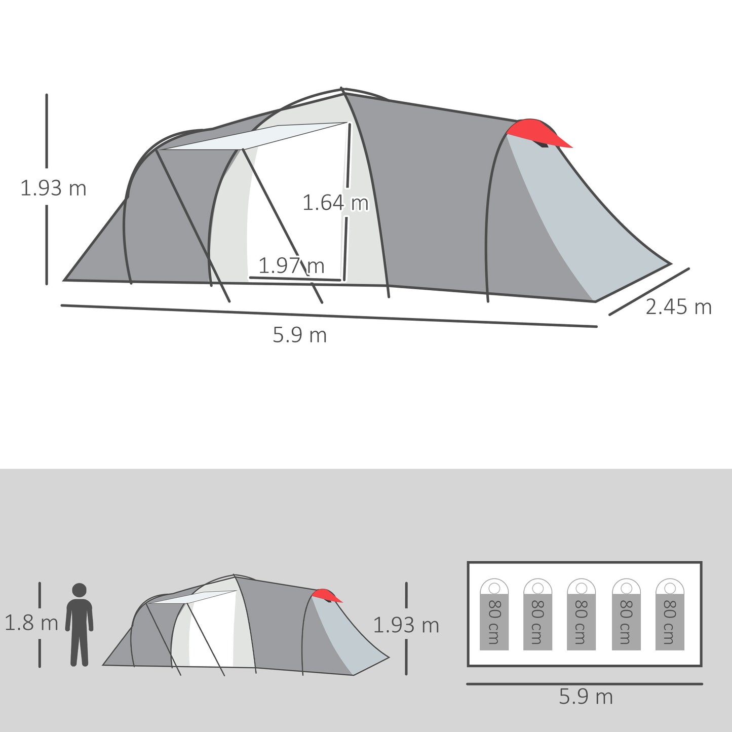 Outsunny Four-Man Tunnel Tent, with Two Bedrooms and Living Room