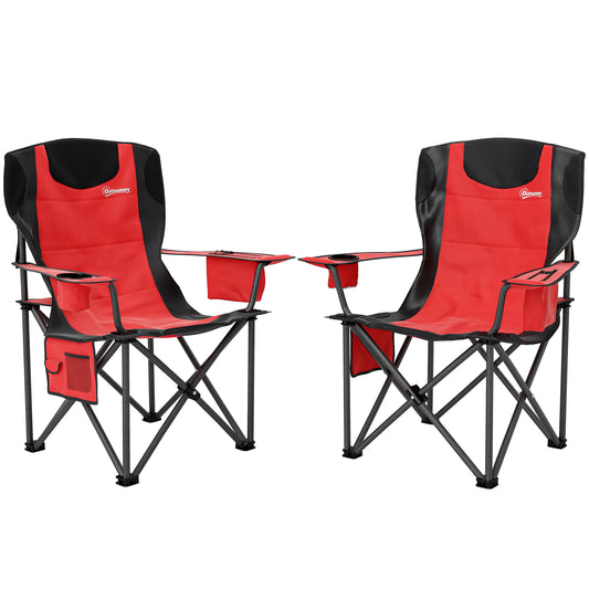 Outsunny Set of 2 Folding Camping Chairs, Padded Camping Chairs with Adjustable Armrests, Portable & Lightweight Folding Camp Chair with Cooler Bag, Cup Holder and Side Pockets