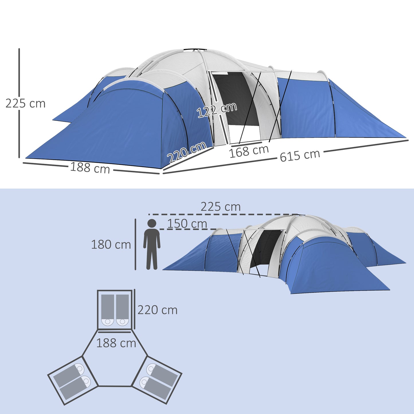 Outsunny 6-9 Man Tent with Bedrooms and Living Room, Accessories Included