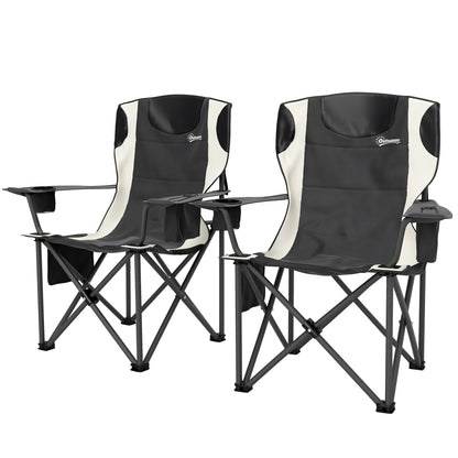 Outsunny Set of 2 Folding Camping Chairs, Padded Camping Chairs with Adjustable Armrests, Portable & Lightweight Folding Camp Chair with Cooler Bag, Cup Holder and Side Pockets