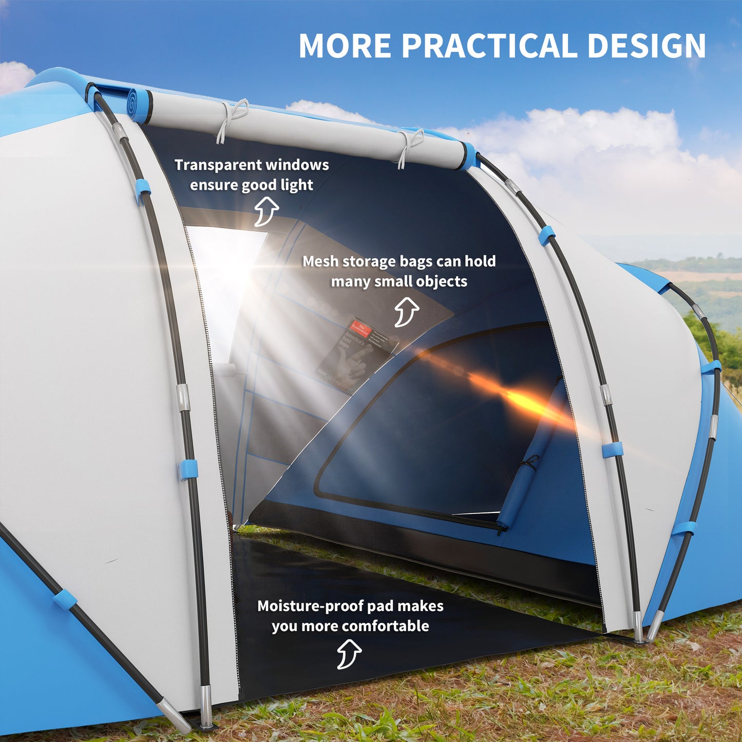 Outsunny 4-6 Man Camping Tent w/ Two Bedroom, Hiking Sun Shelter, UV Protection Tunnel Tent