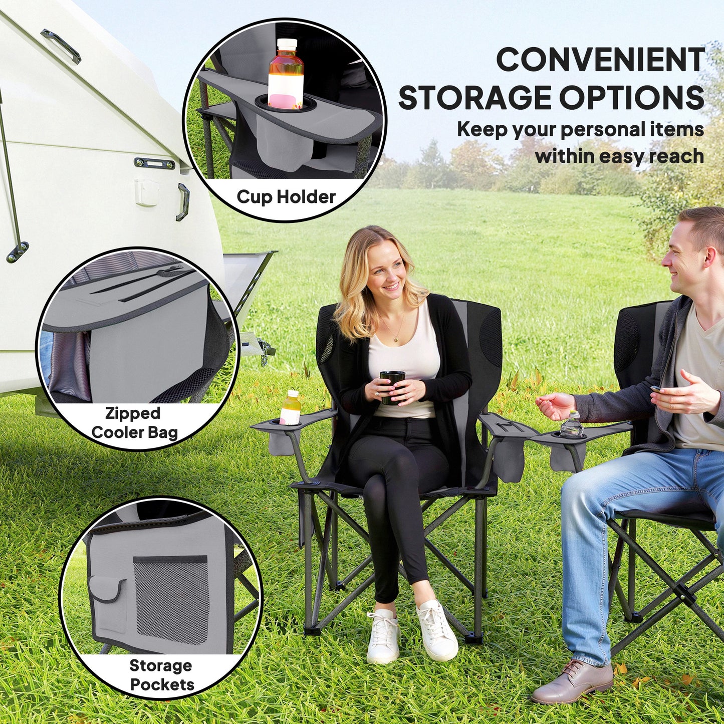 Outsunny Set of 2 Folding Camping Chairs, Padded Camping Chairs with Adjustable Armrests, Portable & Lightweight Folding Camp Chair with Cooler Bag, Cup Holder and Side Pockets