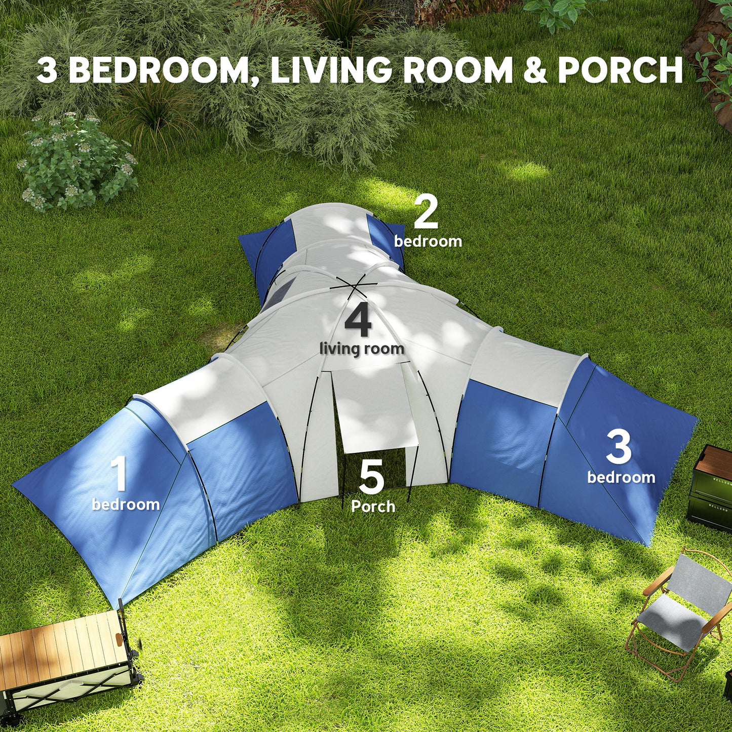 Outsunny 6-9 Man Tent with Bedrooms and Living Room, Accessories Included