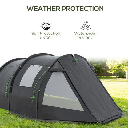 Outsunny 3-4 Man Tunnel Tent, Two Room Camping Tent with Windows and Covers, Portable Carry Bag, for Fishing, Hiking, Sports, Festival