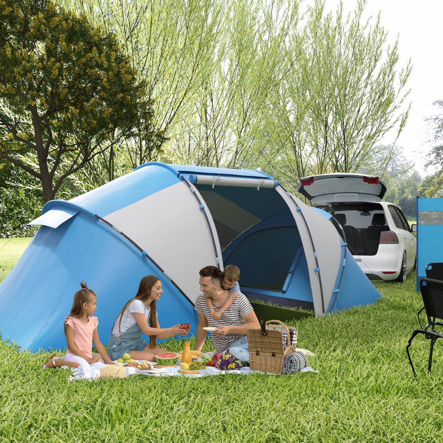 Outsunny 4-6 Man Camping Tent w/ Two Bedroom, Hiking Sun Shelter, UV Protection Tunnel Tent
