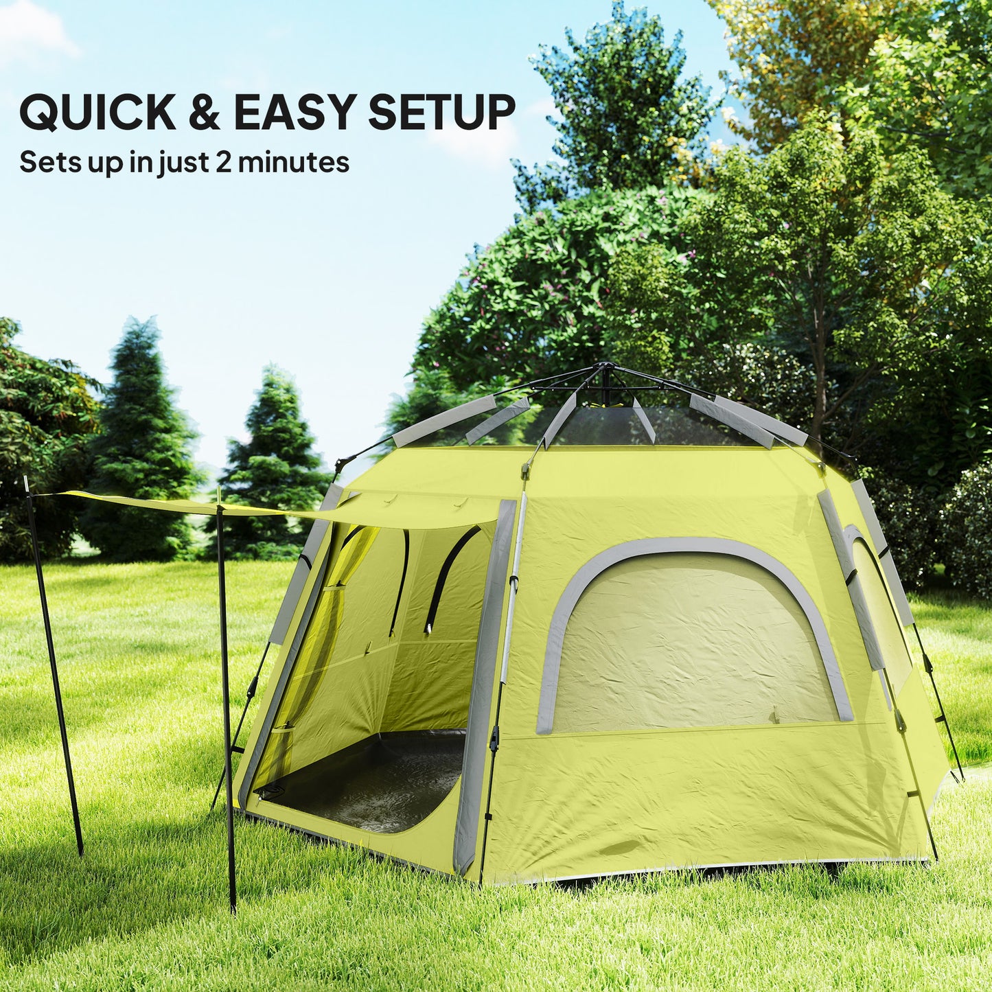 Outsunny Instant Camping Tent, 2/3/4 Person Easy Setup Dome Family Tent with Vestibule, Rainfly, 4 Mesh Windows & 2 Doors, Hexagonal Design, Waterproof & UV Protected