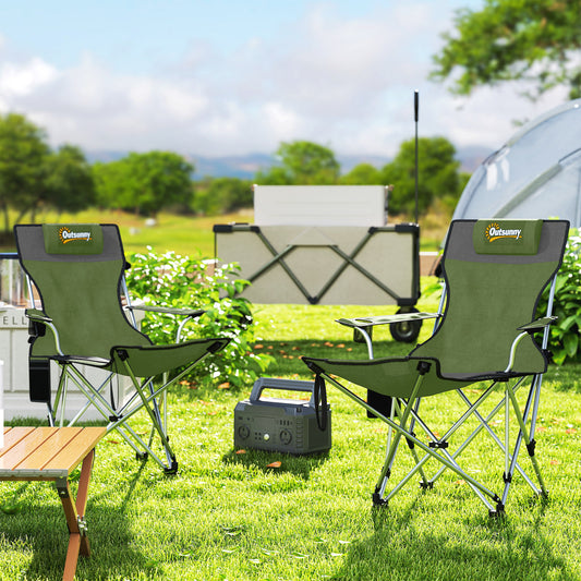 Outsunny Set of 2 Reclining Folding Camping Chair w/ Detachable Footrest, Storage Bag, Cup Holder & Headrest, Lightweight Portable Camp Chair for Beach, Picnic