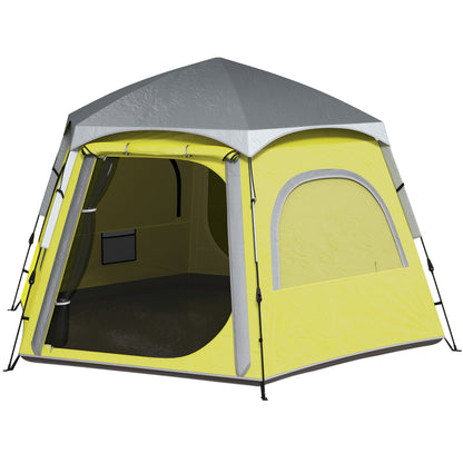 Outsunny Instant Camping Tent, 2/3/4 Person Easy Setup Dome Family Tent with Vestibule, Rainfly, 4 Mesh Windows & 2 Doors, Hexagonal Design, Waterproof & UV Protected