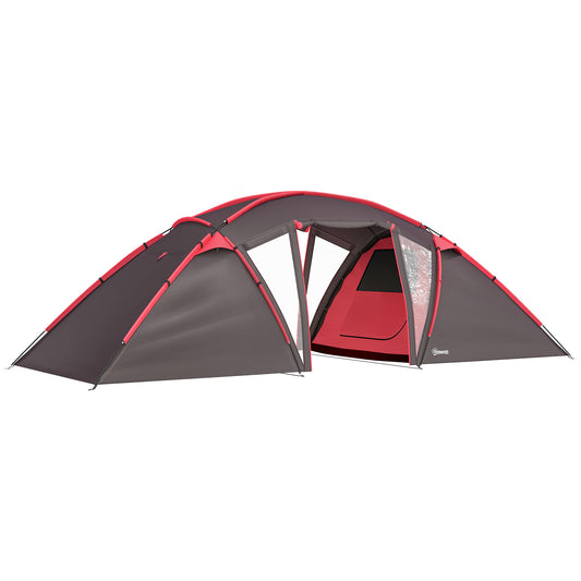 Outsunny 4-6 Man Family Camping Tent w/ 2 Bedrooms and a Living Room, Waterproof Tunnel Tent w/ Sewn In Groundsheet, Doors, Windows, Carry Bag