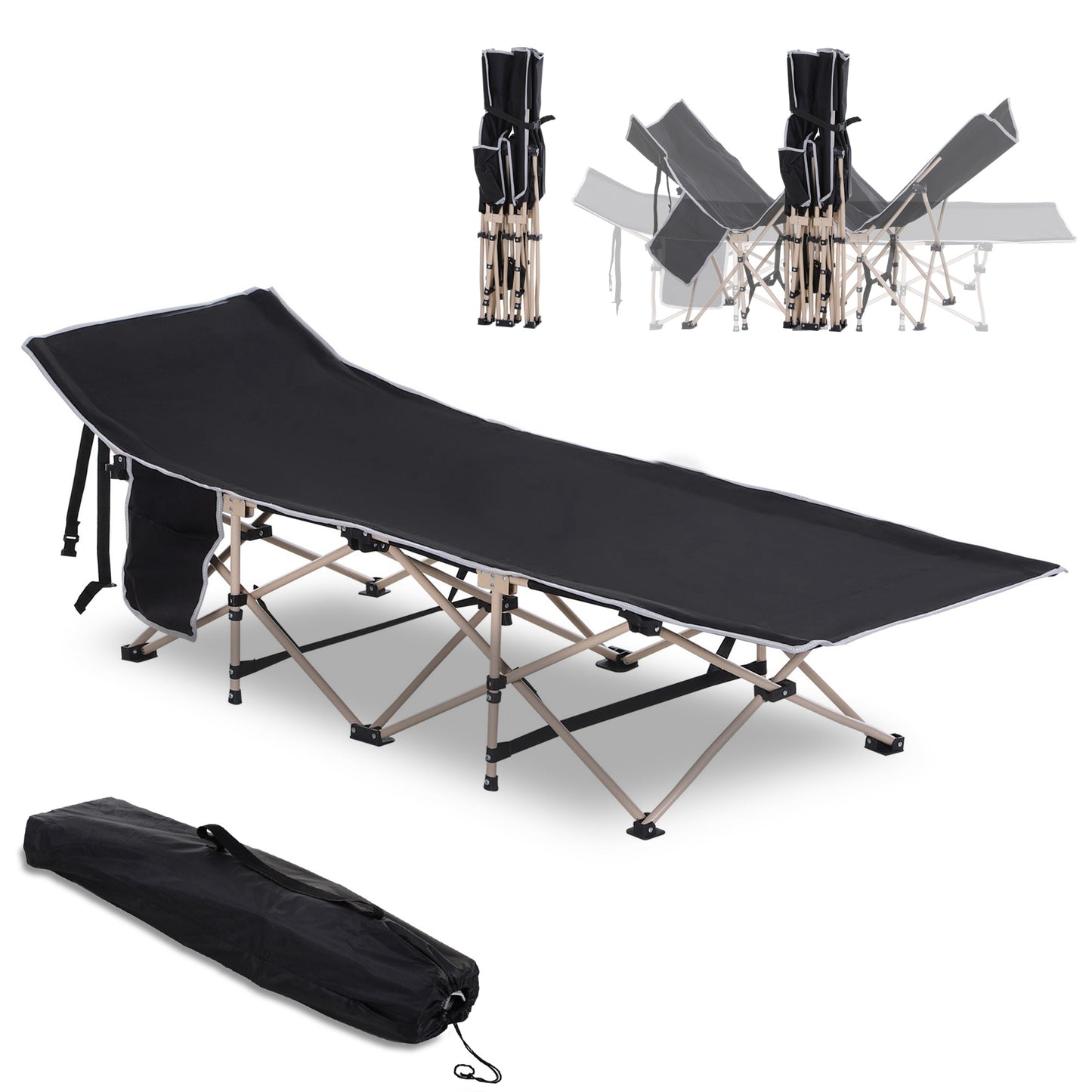 Outsunny Single Person Camping Bed Folding Cot Outdoor Patio Portable Military Sleeping Bed Travel Guest Leisure Fishing with Side Pocket and Carry Bag