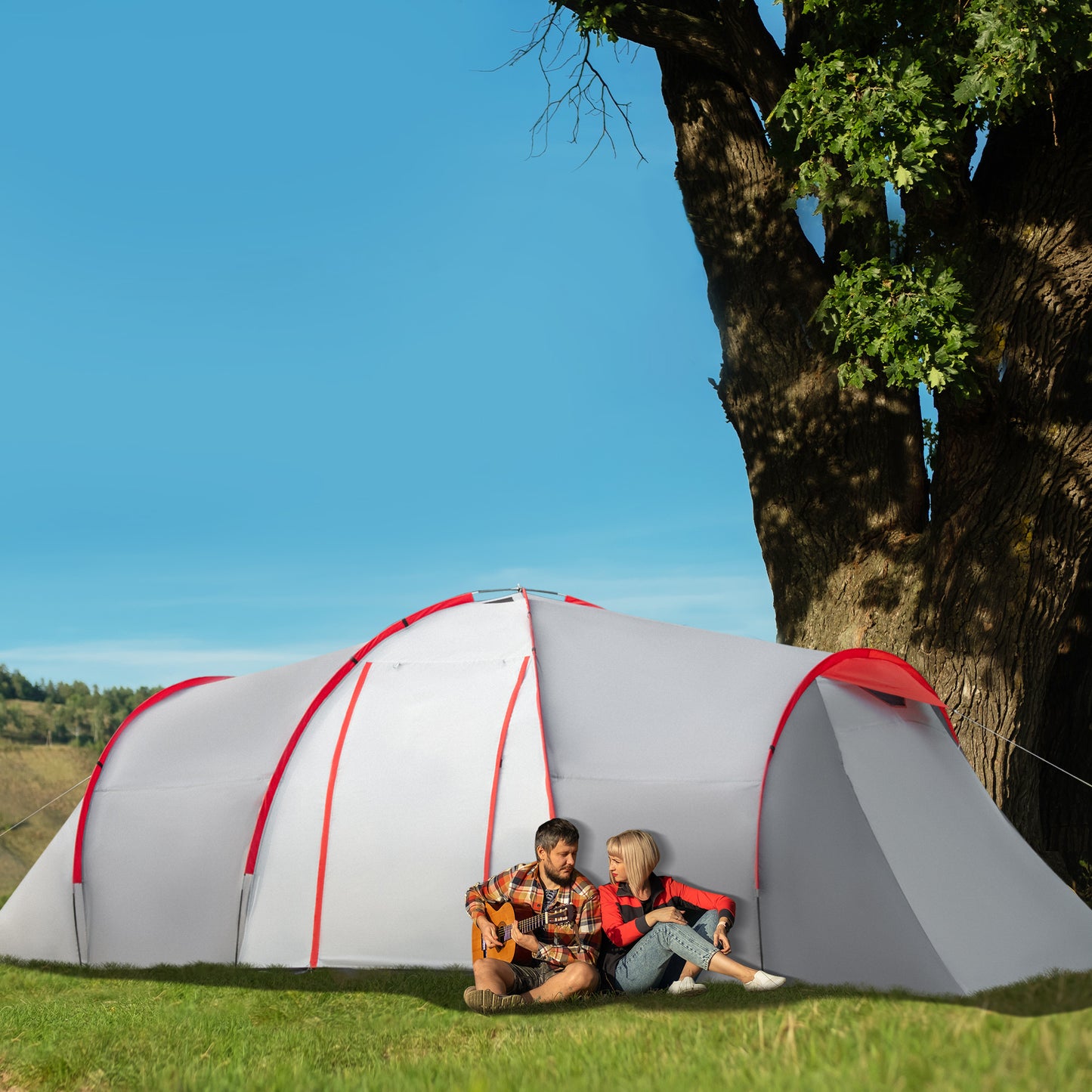 Outsunny Four-Man Tunnel Tent, with Two Bedrooms and Living Room