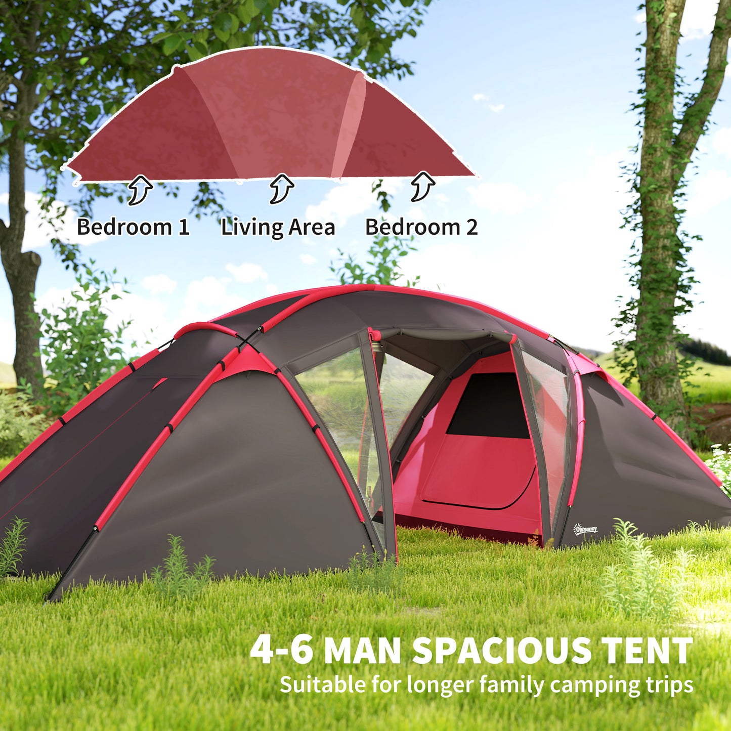 Outsunny 4-6 Man Family Camping Tent w/ 2 Bedrooms and a Living Room, Waterproof Tunnel Tent w/ Sewn In Groundsheet, Doors, Windows, Carry Bag
