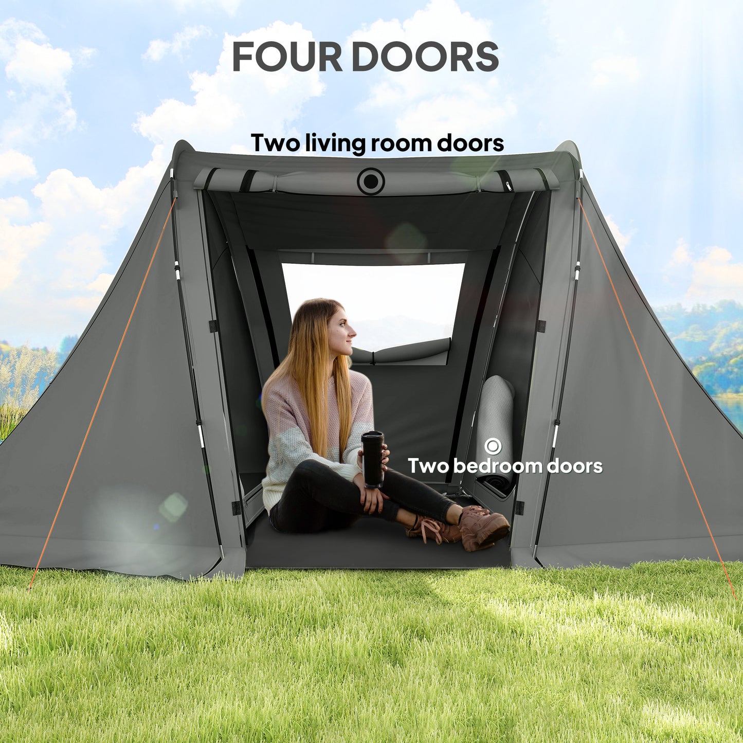 Outsunny 3 Man Camping Tent with Living Area and 2 Bedrooms, 3000mm Waterproof Family Tent with Sewn-in Groundsheet, Portable with Bag for Hiking, Festival, Backpacking