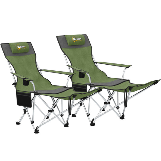 Outsunny Set of 2 Reclining Folding Camping Chair w/ Detachable Footrest, Storage Bag, Cup Holder & Headrest, Lightweight Portable Camp Chair for Beach, Picnic