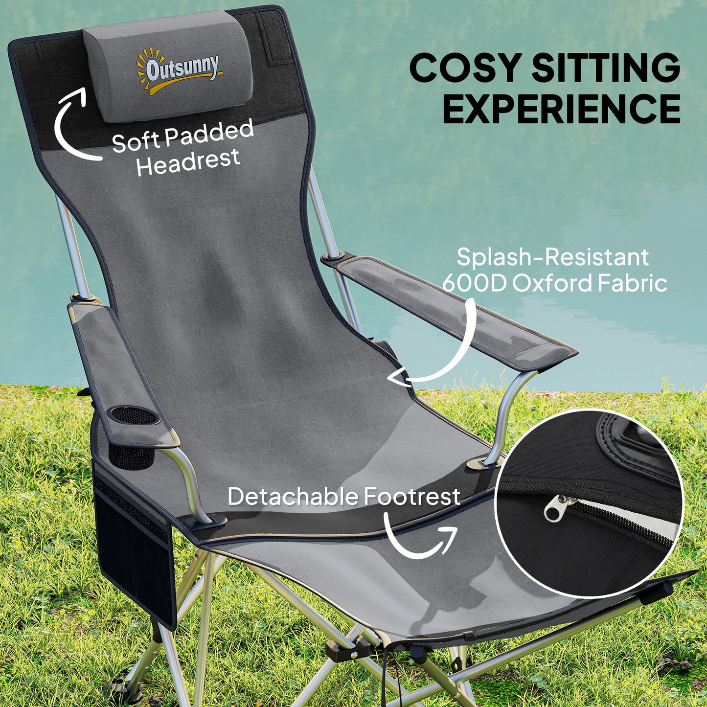 Outsunny Set of 2 Reclining Folding Camping Chair w/ Detachable Footrest, Storage Bag, Cup Holder & Headrest, Lightweight Portable Camp Chair for Beach, Picnic