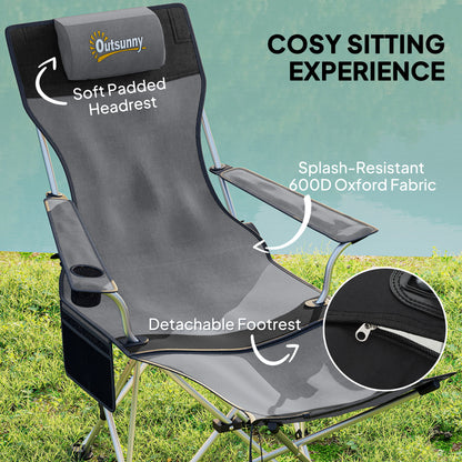 Outsunny Set of 2 Reclining Folding Camping Chair w/ Detachable Footrest, Storage Bag, Cup Holder & Headrest, Lightweight Portable Camp Chair for Beach, Picnic