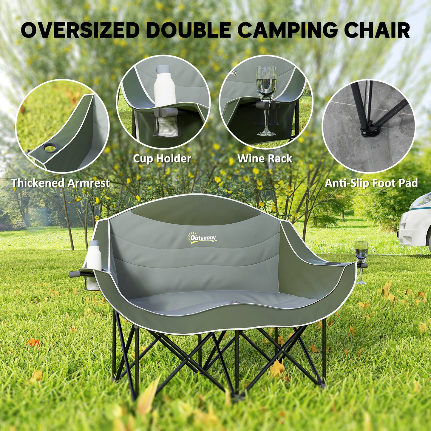 Outsunny Double Camping Chair for Adults, Oversized Heavy Duty Padded Folding Chair with Armrests, Cup Holders and Carry Bag for Outdoor Camping Hiking Picnic Fishing, 250kg Capacity