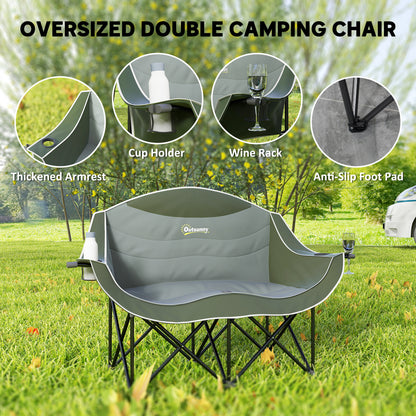 Outsunny Double Camping Chair for Adults, Oversized Heavy Duty Padded Folding Chair with Armrests, Cup Holders and Carry Bag for Outdoor Camping Hiking Picnic Fishing, 250kg Capacity