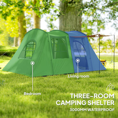 Outsunny 3-4 Man Tunnel Tent, Family Camping Tent with Porch, Bedroom and Living Area, Sewn in Groundsheet, 3000mm Waterproof, Portable with Bag for Hiking, Festival, Backpacking