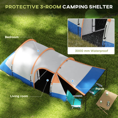 Outsunny Camping Tent, Large Tunnel Tent with Bedroom and Living Area, 2000mm Waterproof, Portable with Bag for 2-3 Man