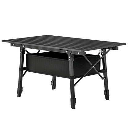 Outsunny Folding Camping Table, 90 x 55 cm Height Adjustable Portable Collapsible Table, 3ft Lightweight Aluminium Rollup Picnic Table with Storage Basket for Outdoor Garden Party BBQ, Black